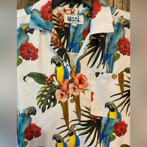 Uzzi Sz M White Red Parrot Print Amphibious Gear Aloha Button Up Collar Shirt - Picture 3 of 6